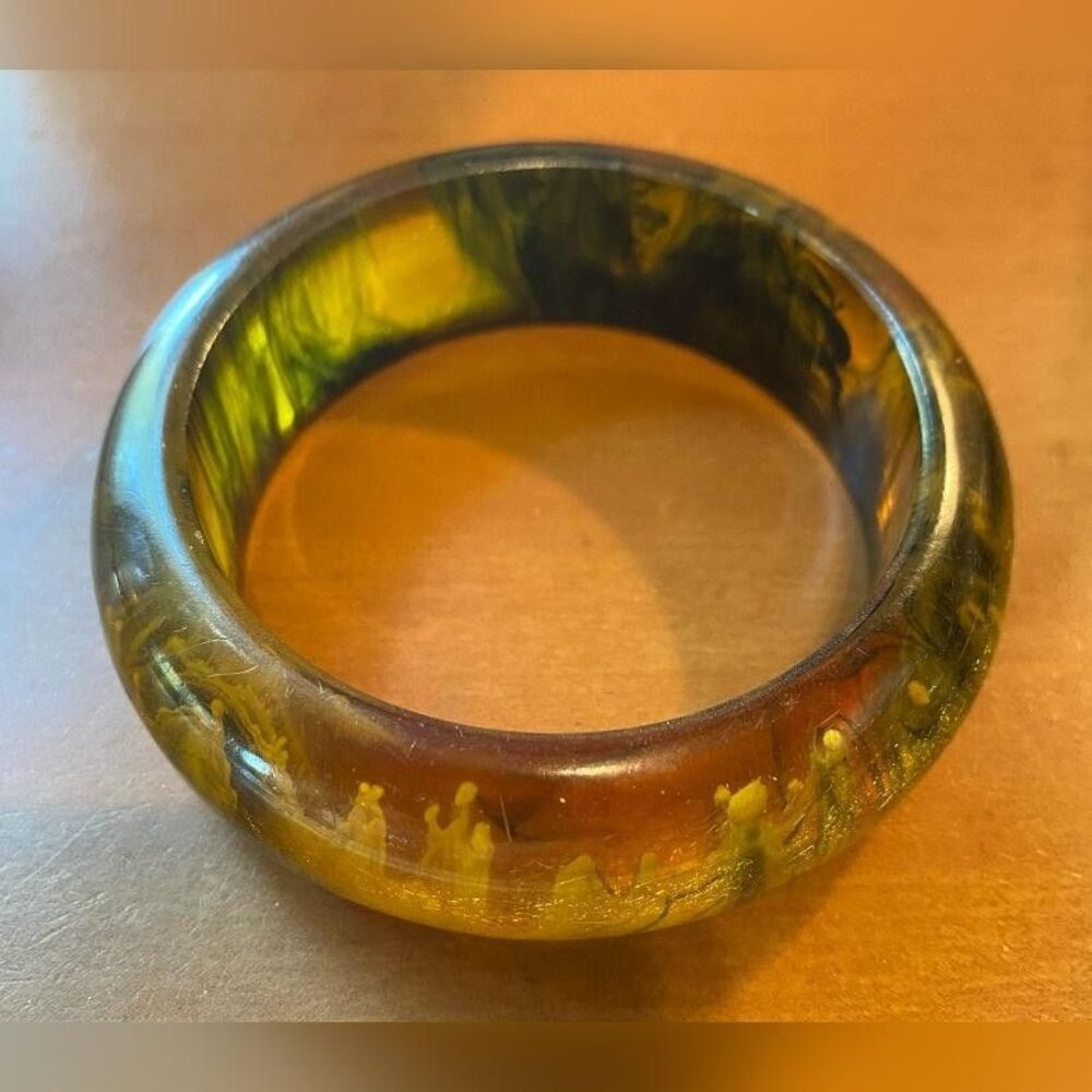 Pietersite Green Yellow Bangle Bracelet Women’s Round Chunky Marbled Vintage